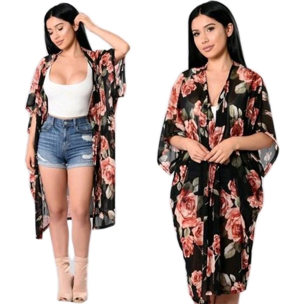 Fashion Nova Swim COVERUP S Gypsy ROSE Black Boho Resort Cocktail Sheer Kimono